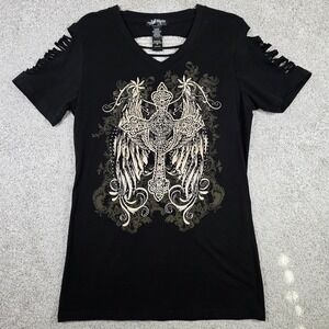 LA Bus Stop Womens 1X Slim‎ Fit Black Cross Wings Rhinestone Bling Cutout Tee